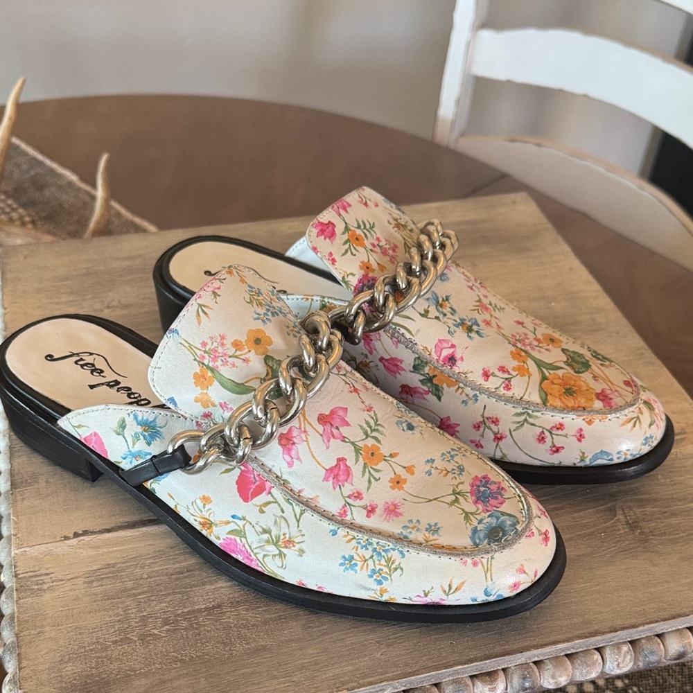 Free People new Floral Vida Chain Mules - Ivory and Multicolor